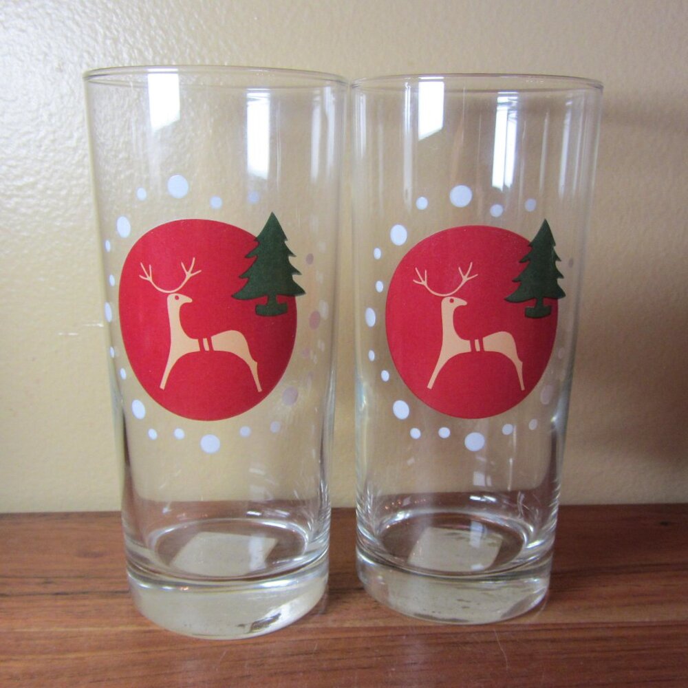16 oz Vintage Marketplace Glasses Tumblers with Reindeer Holiday Design (W4890)